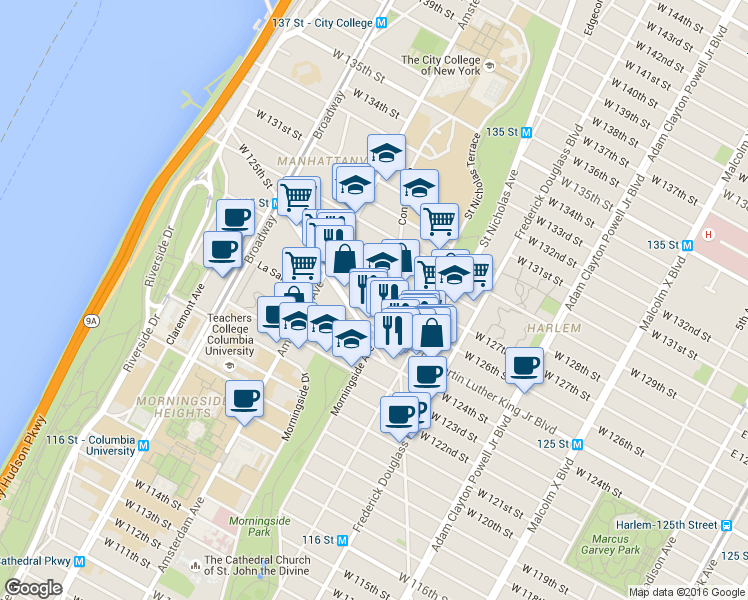 map of restaurants, bars, coffee shops, grocery stores, and more near 415 W 126th St in New York