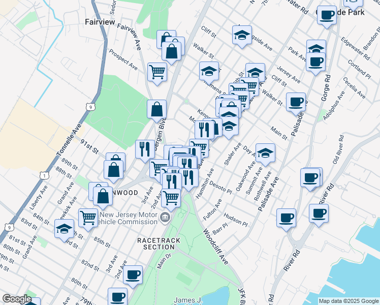 map of restaurants, bars, coffee shops, grocery stores, and more near 49 Grant Street in Fairview