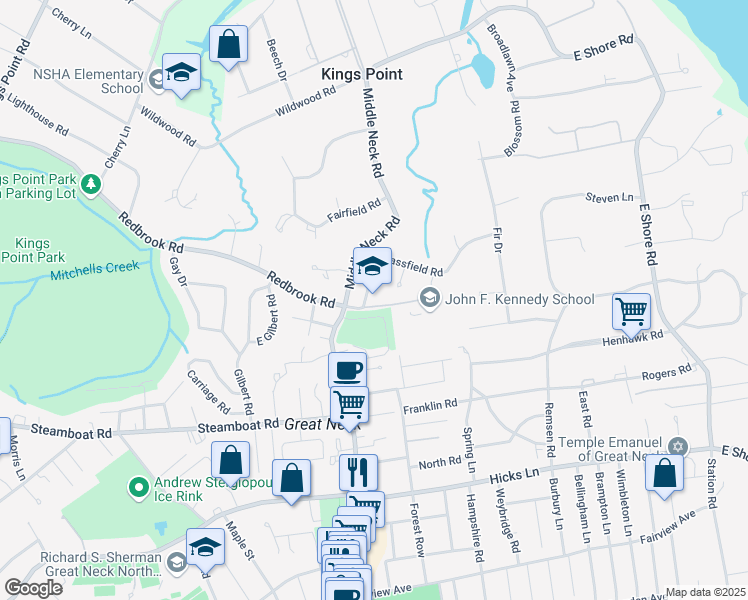 map of restaurants, bars, coffee shops, grocery stores, and more near 1 Grassfield Road in Kings Point