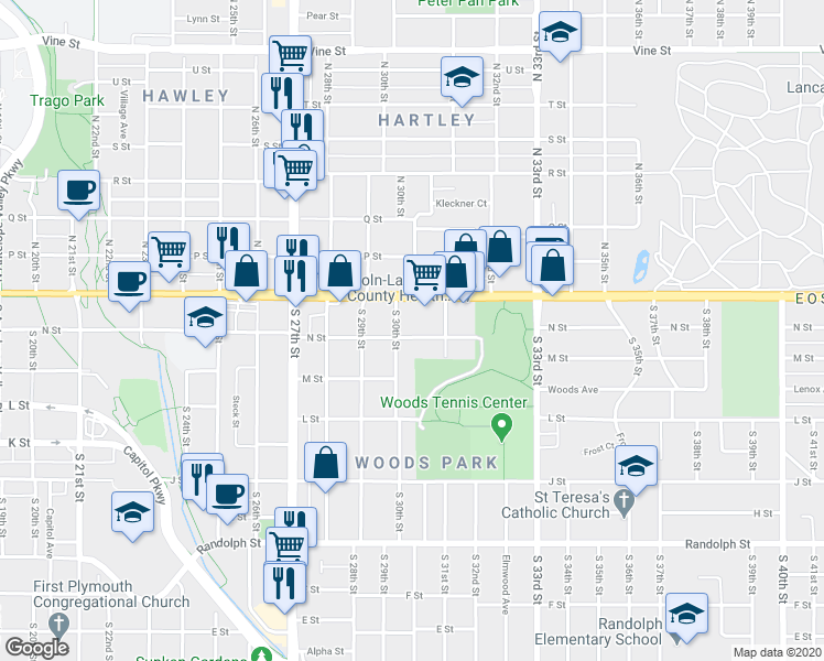 map of restaurants, bars, coffee shops, grocery stores, and more near 3012 N Street in Lincoln