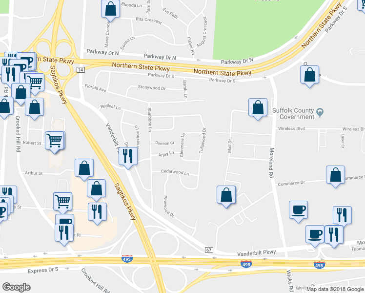 map of restaurants, bars, coffee shops, grocery stores, and more near Glenmere Lane in Commack