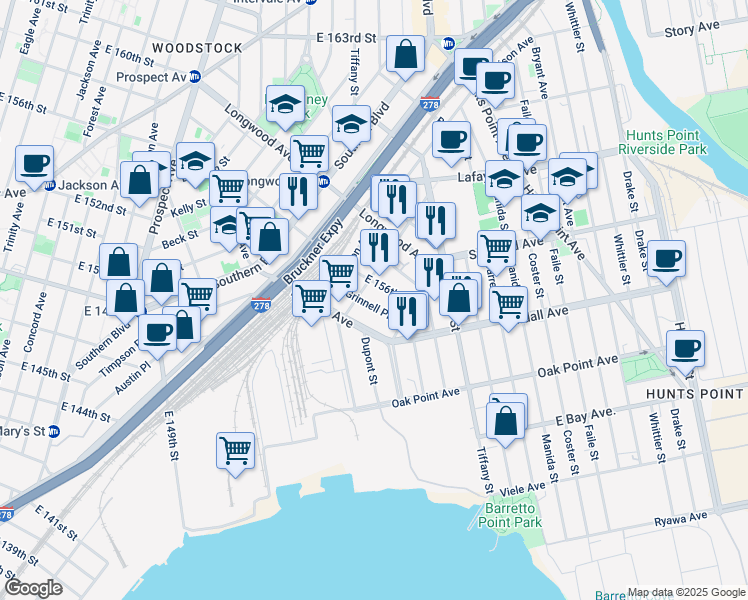 map of restaurants, bars, coffee shops, grocery stores, and more near 1162 Grinnell Place in The Bronx
