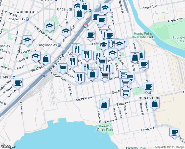 map of restaurants, bars, coffee shops, grocery stores, and more near 611 Casanova Street in The Bronx