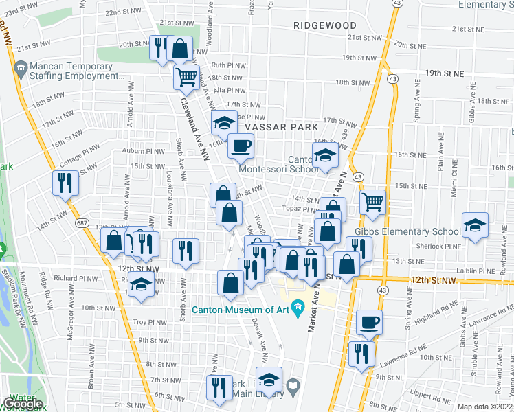 map of restaurants, bars, coffee shops, grocery stores, and more near 1336 Woodland Avenue Northwest in Canton