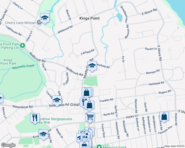 map of restaurants, bars, coffee shops, grocery stores, and more near 1 Grassfield Road in Kings Point
