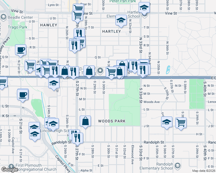 map of restaurants, bars, coffee shops, grocery stores, and more near 206 South 30th Street in Lincoln