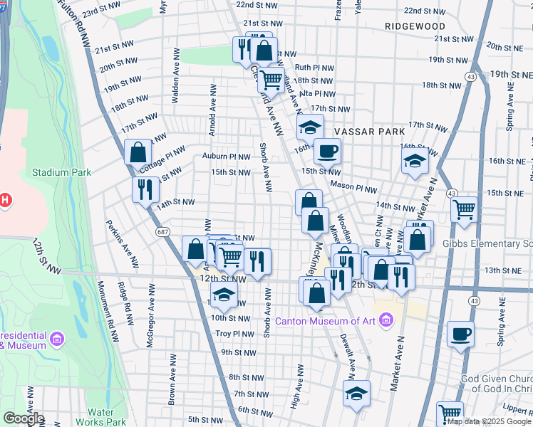 map of restaurants, bars, coffee shops, grocery stores, and more near 1339 Shorb Avenue Northwest in Canton