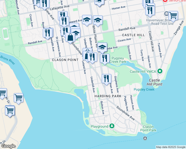 map of restaurants, bars, coffee shops, grocery stores, and more near 319 Bolton Avenue in The Bronx
