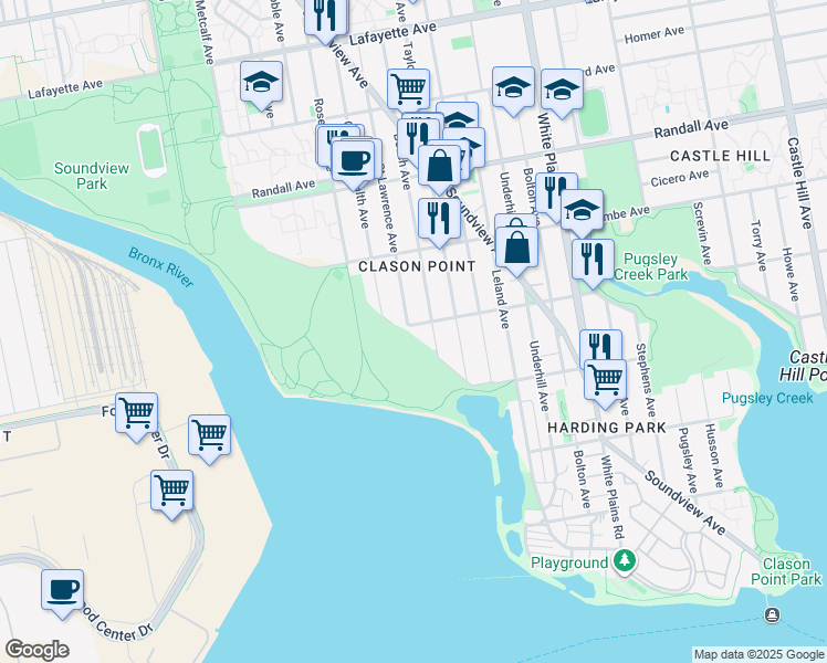 map of restaurants, bars, coffee shops, grocery stores, and more near 1780 Patterson Avenue in Bronx