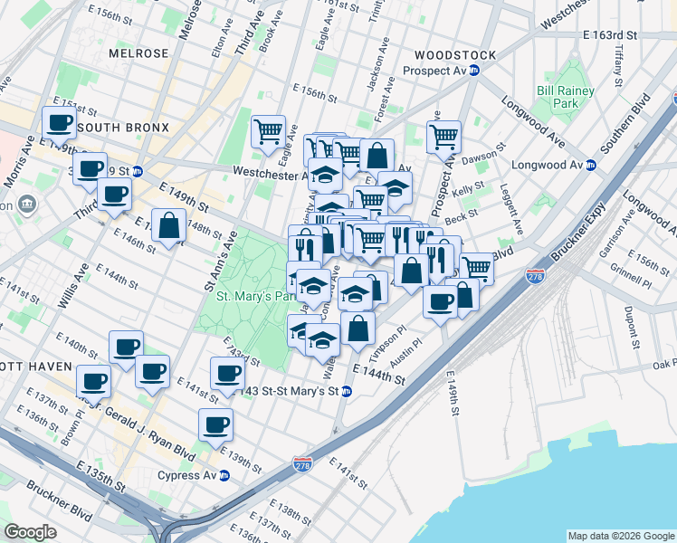map of restaurants, bars, coffee shops, grocery stores, and more near 764B East 149th Street in The Bronx