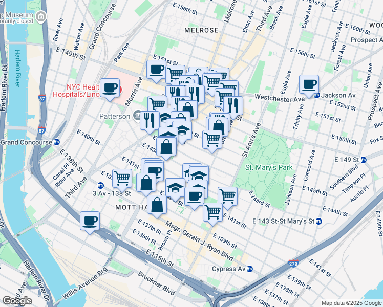 map of restaurants, bars, coffee shops, grocery stores, and more near 454 East 144th Street in Bronx
