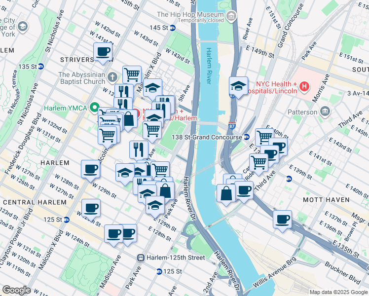 map of restaurants, bars, coffee shops, grocery stores, and more near 45 East 135th Street in New York