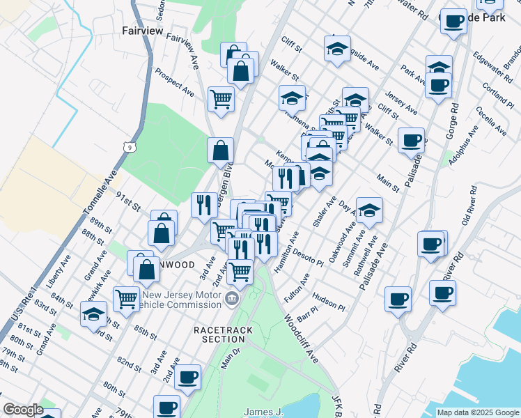 map of restaurants, bars, coffee shops, grocery stores, and more near 49 Grant Street in Fairview