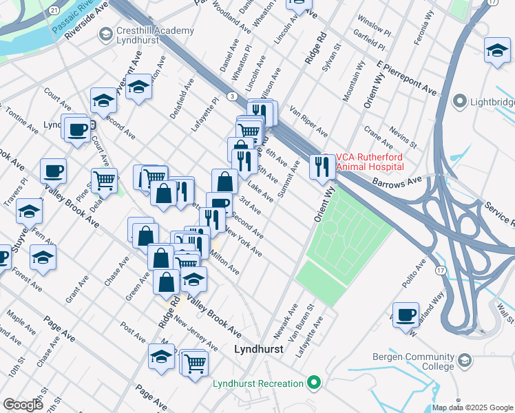 map of restaurants, bars, coffee shops, grocery stores, and more near 121 Summit Avenue in Lyndhurst