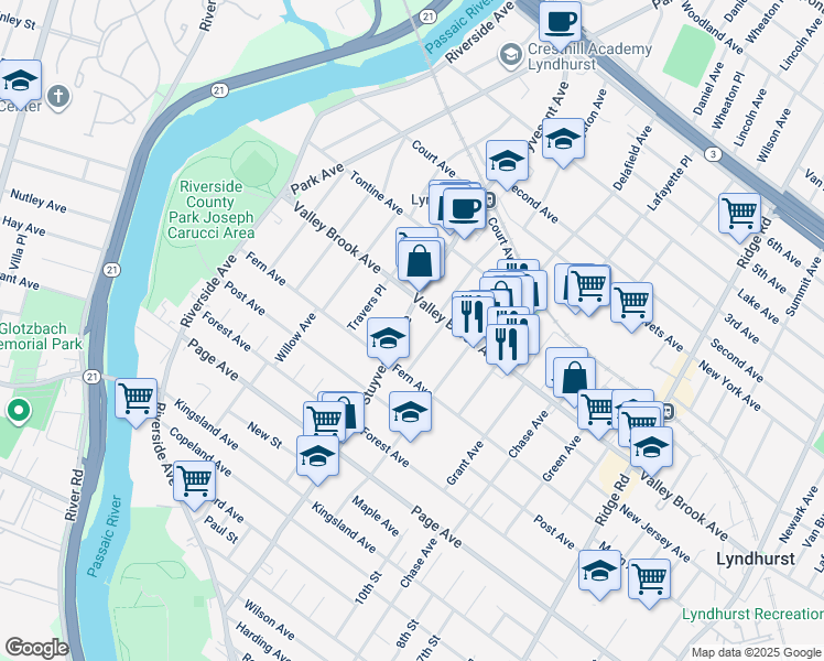 map of restaurants, bars, coffee shops, grocery stores, and more near 329 Livingston Avenue in Lyndhurst