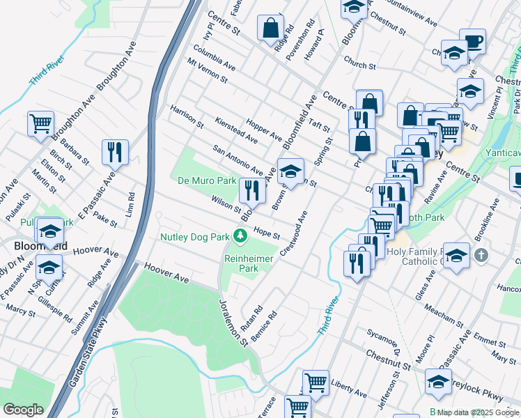 map of restaurants, bars, coffee shops, grocery stores, and more near 84 Bloomfield Avenue in Nutley