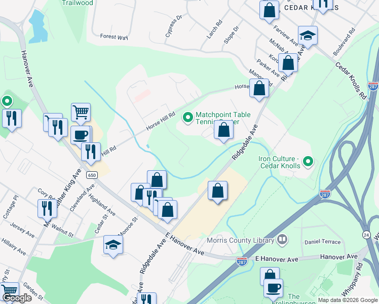 map of restaurants, bars, coffee shops, grocery stores, and more near Justin Court in Hanover