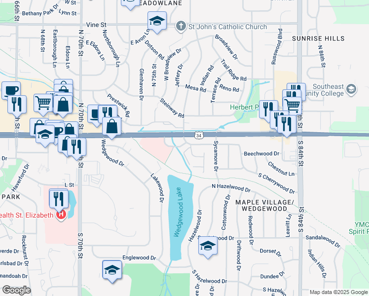 map of restaurants, bars, coffee shops, grocery stores, and more near 7451 Corporate Drive in Lincoln