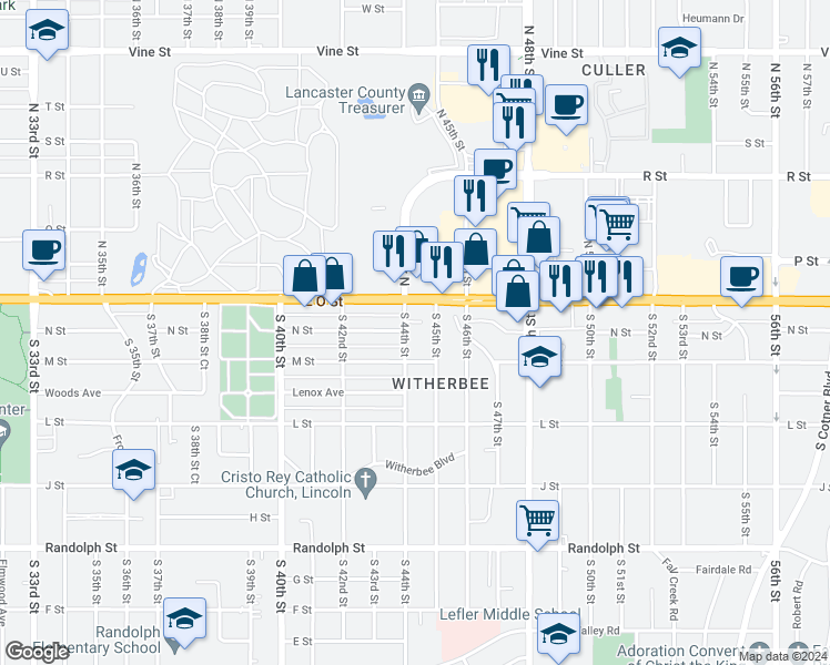 map of restaurants, bars, coffee shops, grocery stores, and more near 230 South 44th Street in Lincoln