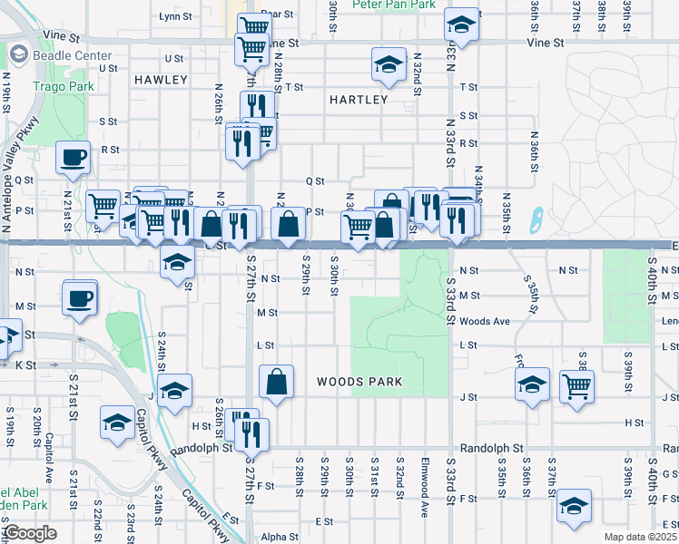 map of restaurants, bars, coffee shops, grocery stores, and more near 206 South 30th Street in Lincoln