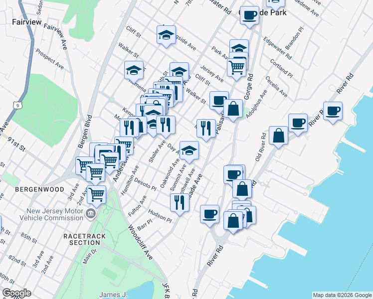 map of restaurants, bars, coffee shops, grocery stores, and more near 15 Oakwood Avenue in Cliffside Park