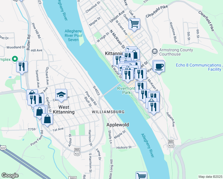 map of restaurants, bars, coffee shops, grocery stores, and more near Kittanning Citizens Bridge in Kittanning