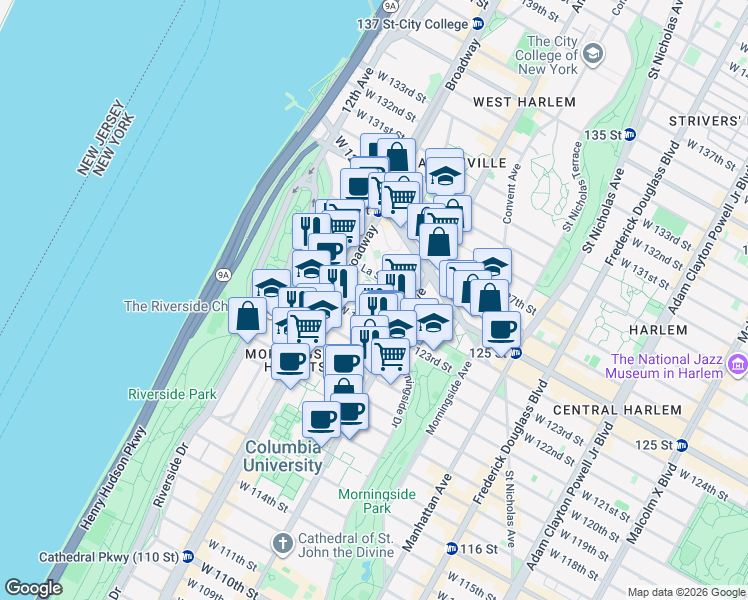 map of restaurants, bars, coffee shops, grocery stores, and more near 501 West 123rd Street in New York