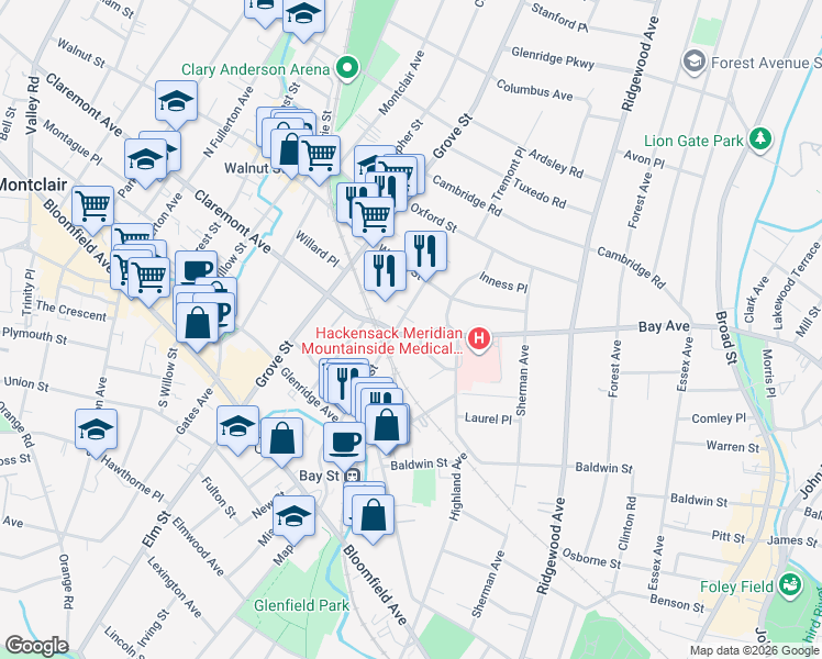 map of restaurants, bars, coffee shops, grocery stores, and more near 30 Claremont Avenue in Montclair
