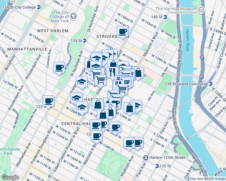 map of restaurants, bars, coffee shops, grocery stores, and more near 126 West 131st Street in New York