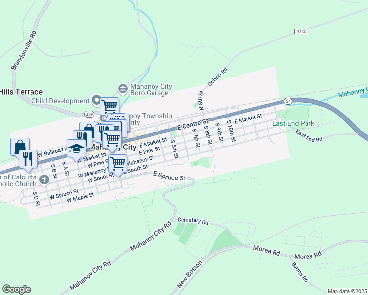 map of restaurants, bars, coffee shops, grocery stores, and more near 533 East Mahanoy Street in Mahanoy City