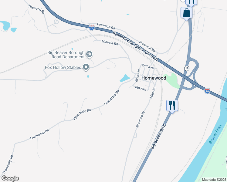 map of restaurants, bars, coffee shops, grocery stores, and more near 138 Friendship Road in Beaver Falls