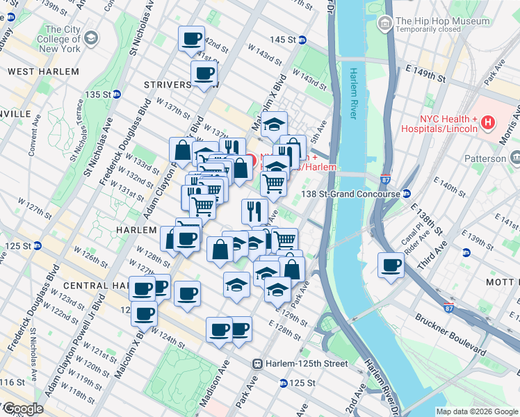 map of restaurants, bars, coffee shops, grocery stores, and more near 25 West 132nd Street in New York