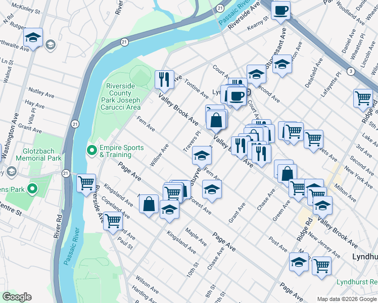 map of restaurants, bars, coffee shops, grocery stores, and more near 353 Stuyvesant Avenue in Lyndhurst
