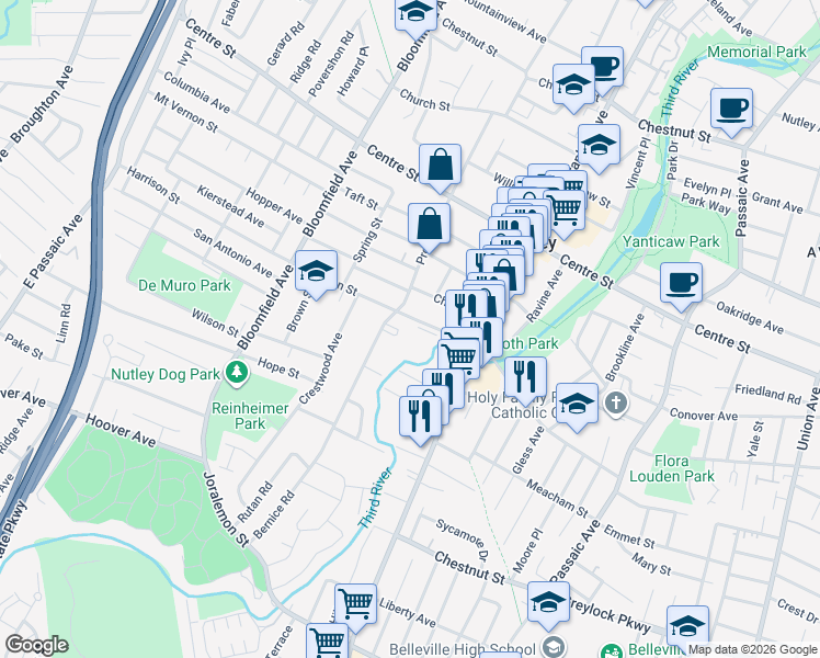 map of restaurants, bars, coffee shops, grocery stores, and more near 221 Harrison Street in Nutley