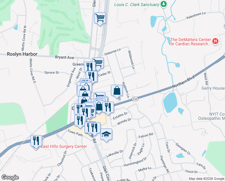 map of restaurants, bars, coffee shops, grocery stores, and more near 44 Locust Street in Greenvale