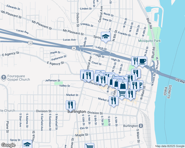 map of restaurants, bars, coffee shops, grocery stores, and more near 320 Hawkeye Street in Burlington