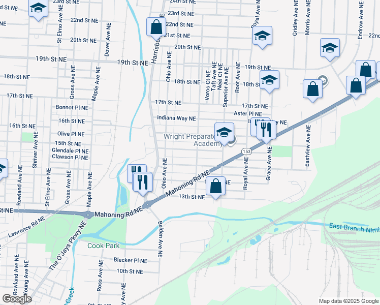 map of restaurants, bars, coffee shops, grocery stores, and more near 2238 15th Street Northeast in Canton