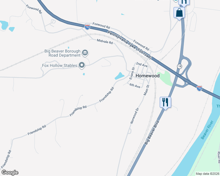 map of restaurants, bars, coffee shops, grocery stores, and more near 138 Friendship Road in Beaver Falls