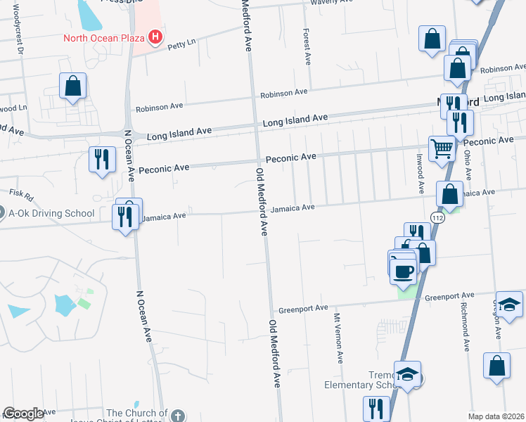 map of restaurants, bars, coffee shops, grocery stores, and more near Old Medford Avenue in Medford