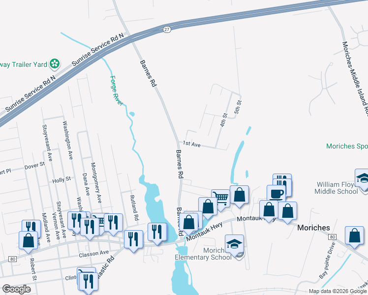 map of restaurants, bars, coffee shops, grocery stores, and more near 173 Barnes Road in Moriches