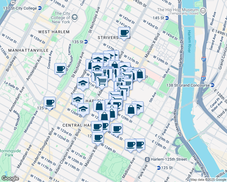 map of restaurants, bars, coffee shops, grocery stores, and more near 126 West 131st Street in New York
