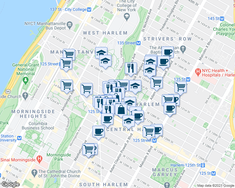 map of restaurants, bars, coffee shops, grocery stores, and more near 2377 Frederick Douglass Boulevard in New York