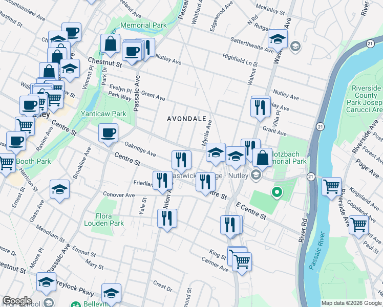 map of restaurants, bars, coffee shops, grocery stores, and more near 60 Monsignor Owens Place in Nutley