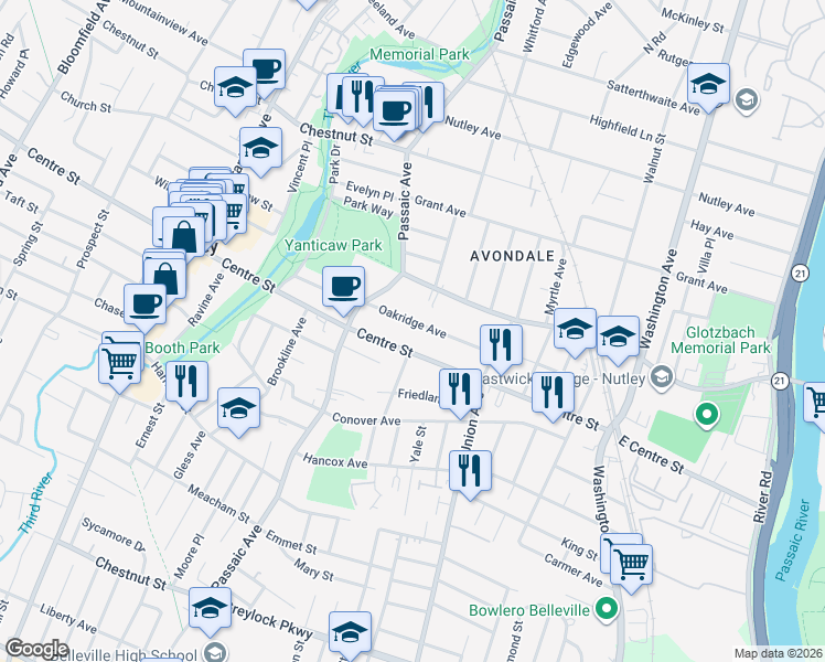 map of restaurants, bars, coffee shops, grocery stores, and more near in Nutley