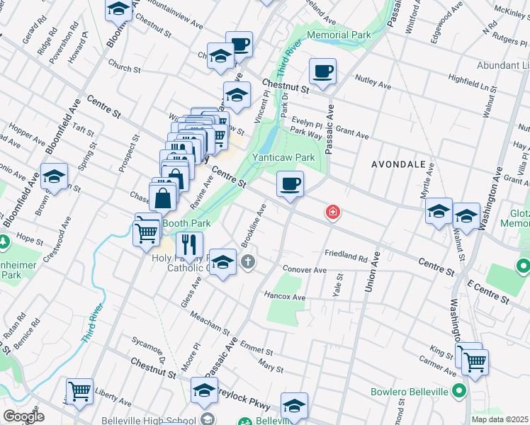 map of restaurants, bars, coffee shops, grocery stores, and more near 94 Brookline Avenue in Nutley