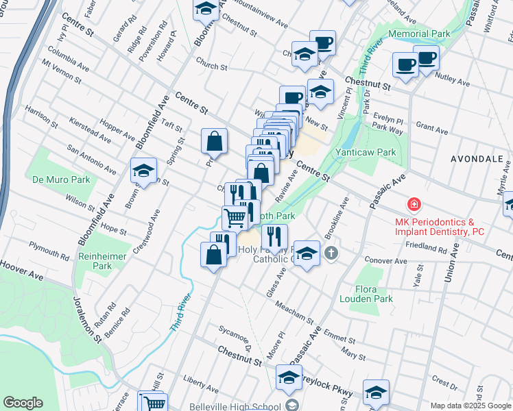 map of restaurants, bars, coffee shops, grocery stores, and more near 108 Franklin Avenue in Nutley