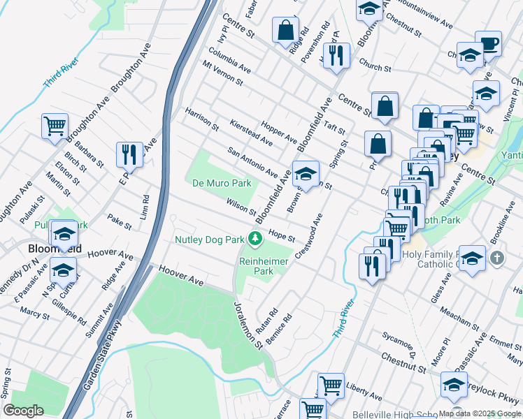 map of restaurants, bars, coffee shops, grocery stores, and more near 84 Bloomfield Avenue in Nutley
