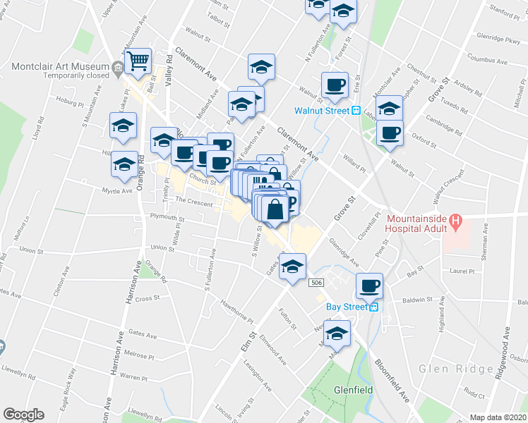 map of restaurants, bars, coffee shops, grocery stores, and more near 3 South Willow Street in Montclair