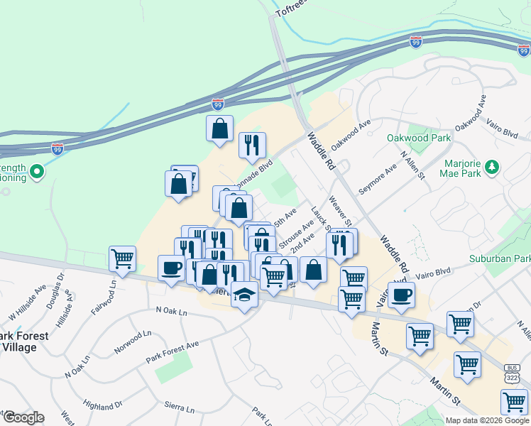 map of restaurants, bars, coffee shops, grocery stores, and more near 399 5th Avenue in State College