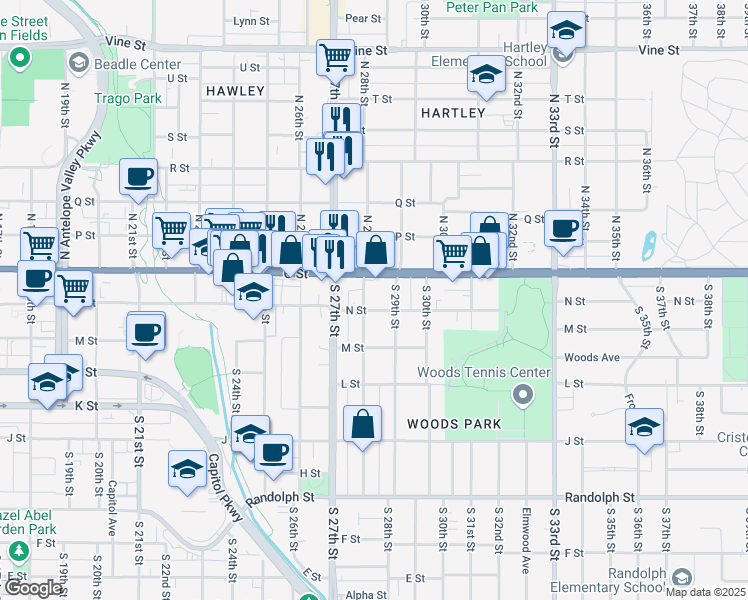map of restaurants, bars, coffee shops, grocery stores, and more near 211 South 28th Street in Lincoln
